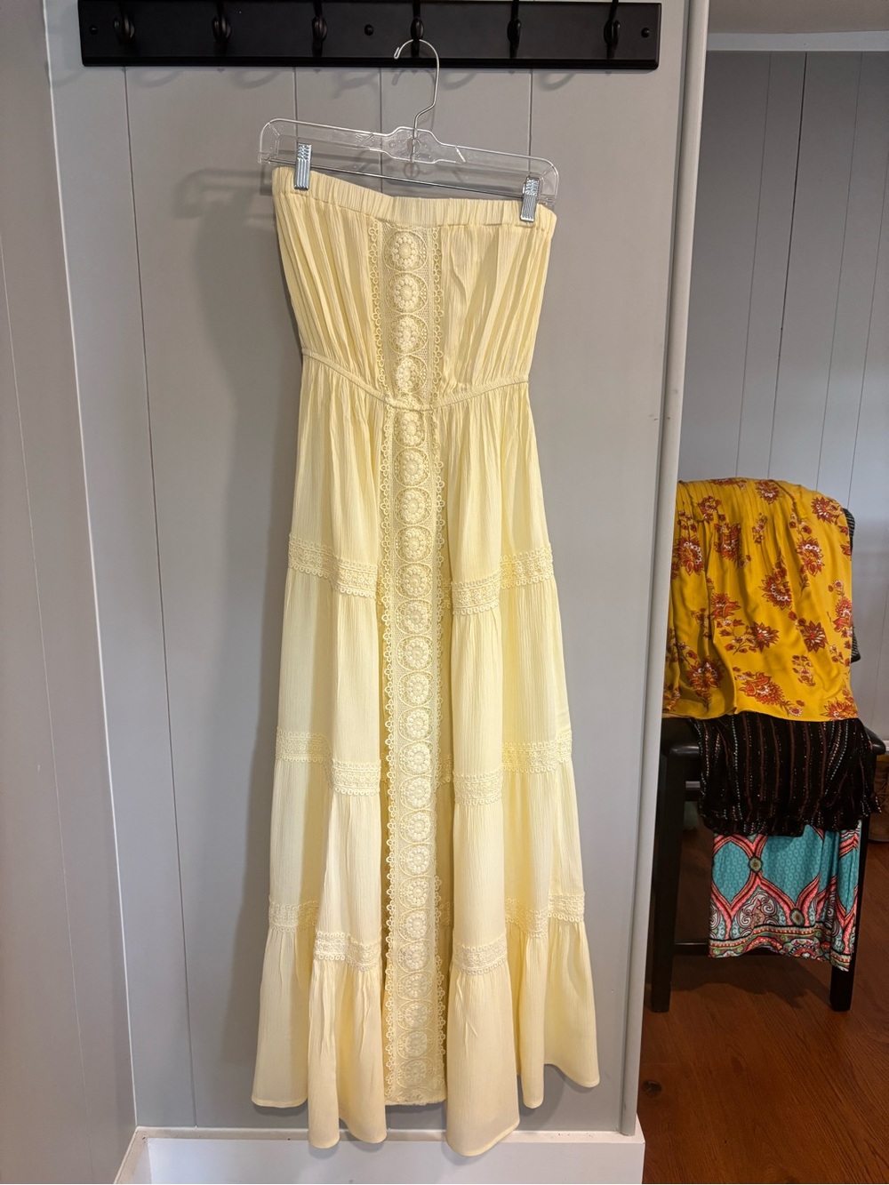 Strapless Lace-Panel Maxi Dress in Soft Yellow